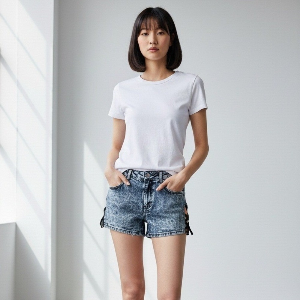 Y2K Forever 21 Premium Denim‎ Shorts Juniors Sz 27 Blue Acid Wash Cutout Stretch